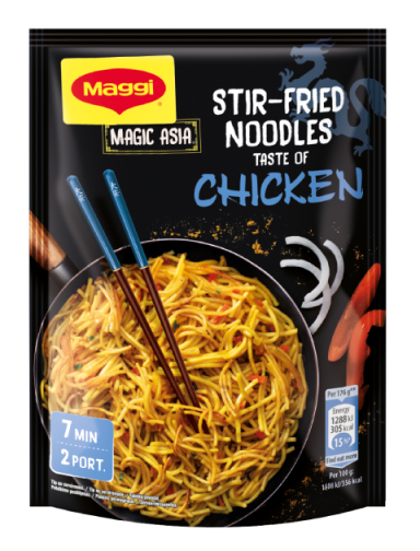 MAGGI Magic Asia Stir-Fried Noodles, rezanci s okusom piletine, vrećica, 121g_FOP